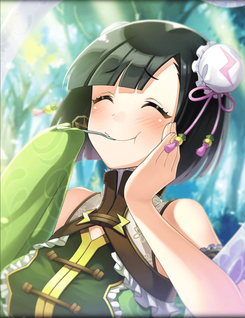 artist_request, blush, closed_eyes, dempagumi, double_bun, eating, eyebrows_visible_through_hair, foodgasm, green_hair, hand_on_own_cheek, hand_on_own_face, highres, nemue, official_art, phantom_of_the_kill, short_hair, smile, spoon_in_mouth, tree