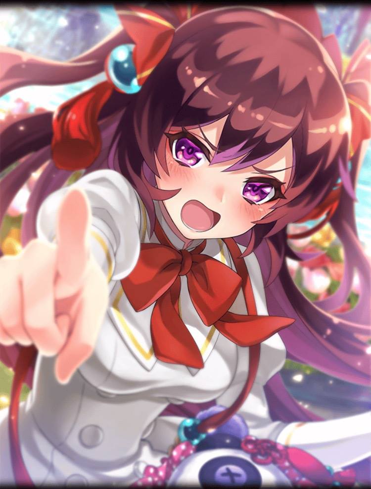 artist_request, bashosen, blush, brown_hair, frown, hair_ornament, hair_ribbon, official_art, open_mouth, phantom_of_the_kill, pointing, red_ribbon, ribbon, school_uniform, stuffed_animal, stuffed_panda, stuffed_toy, violet_eyes, white_uniform