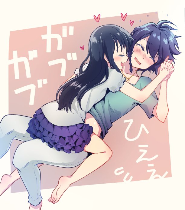 2girls, belly_peek, black_hair, blue_hair, blush, closed_eyes, denim, green_shirt