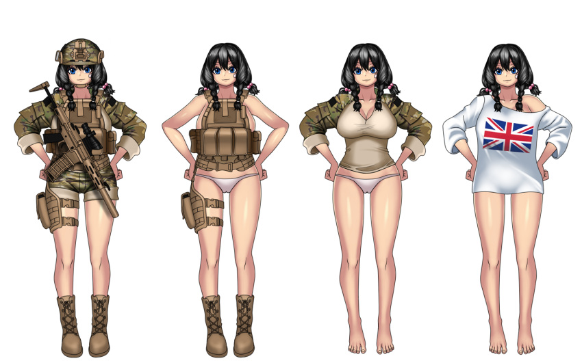 1girl, black_hair, blue_eyes, boots, braid, breasts, gun, highres