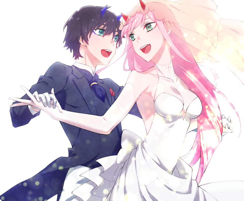 1boy, 1girl, bangs, bare_shoulders, black_hair, black_suit, blue_eyes, blue_horns
