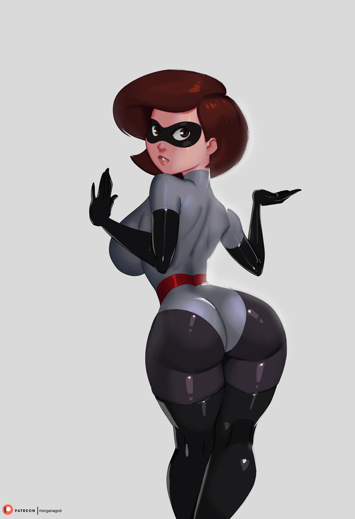 1girl, ass, back, bangs, bodysuit, breasts, brown_eyes, brown_hair