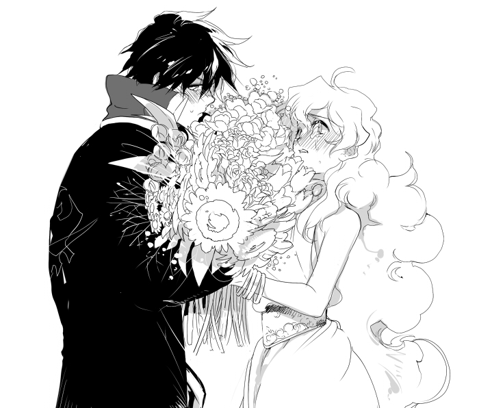 bouquet, bouquets, flower, garlock_simon, monochrome, simon, tears, tengen_toppa_gurren_lagann