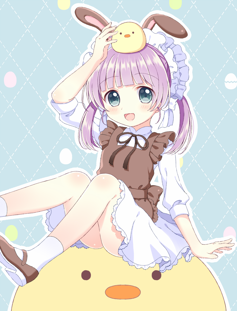 1girl, :d, animal, animal_ears, animal_on_head, apron, arm_up, bangs