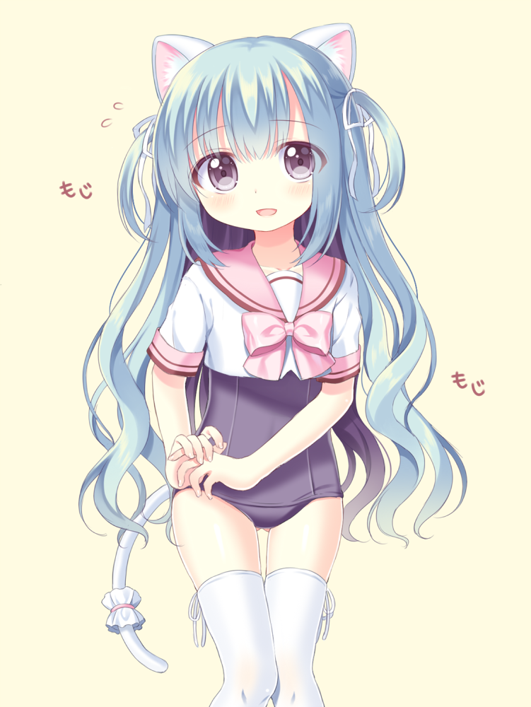 1girl, :d, animal_ears, bangs, beige_background, black_swimsuit, blue_hair, blush