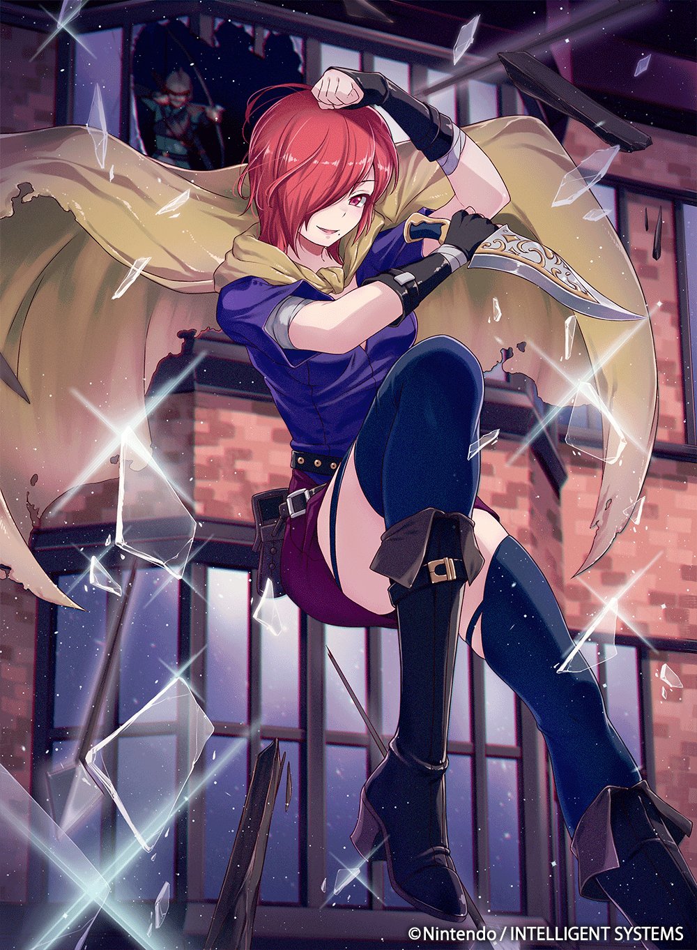 1girl, 40hara, belt, broken_glass, broken_window, cape, company_name, dagger