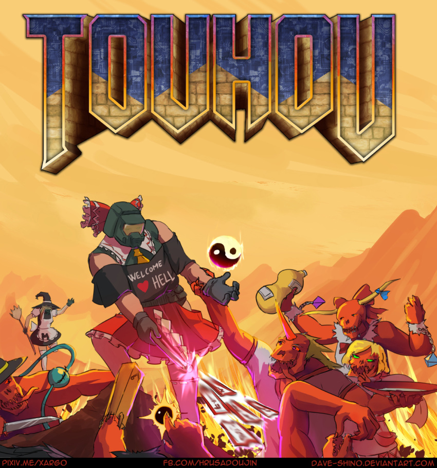 blonde_hair, broom, crossover, cyberdemon, david_hrusa, demon, doom_(game), doomguy