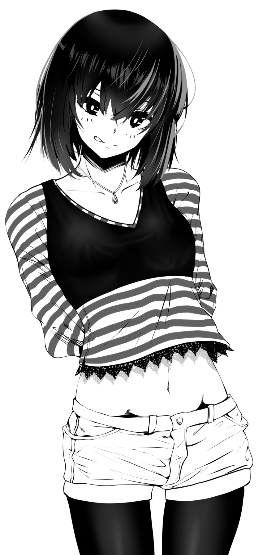 1girl, absurdres, black_hair, commentary, highres, jewelry, monochrome, navel