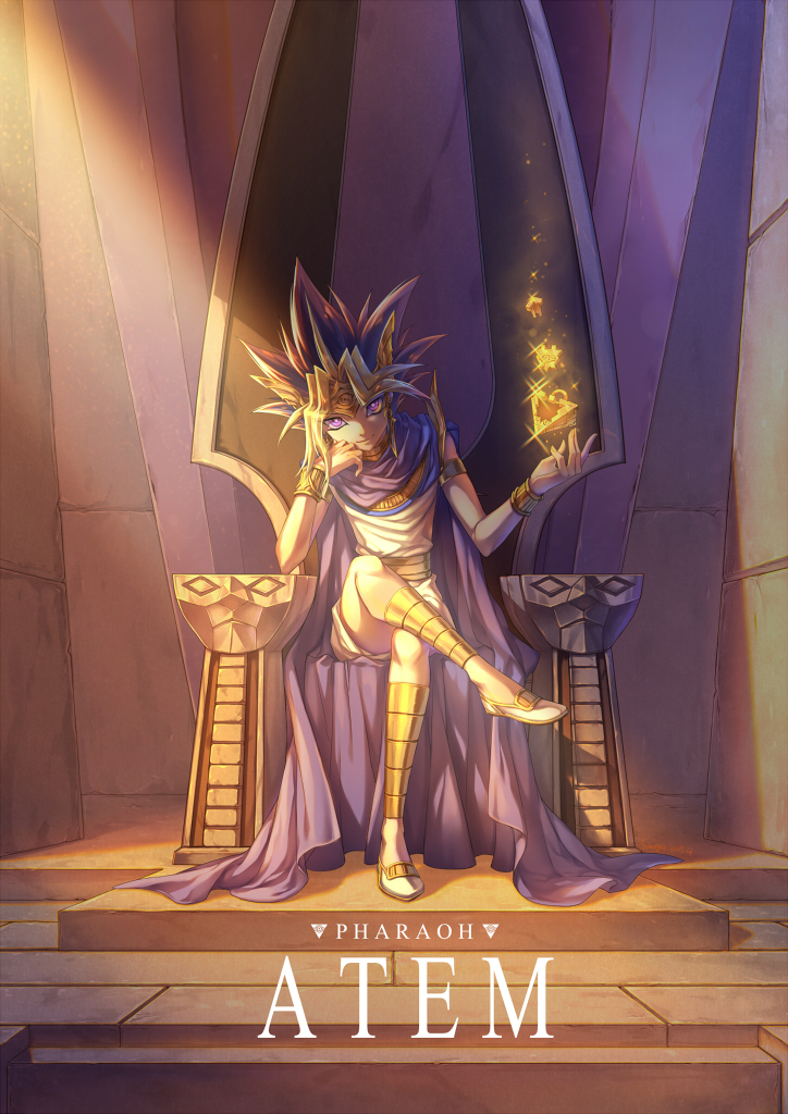 1boy, atem, cape, character_name, chin_rest, full_body, indoors, legs_crossed