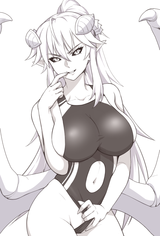 1girl, black_sclera, breasts, collarbone, competition_swimsuit, demon_girl, demon_wings, finger_to_mouth, greyscale, hair_between_eyes, horns, impossible_clothes, impossible_swimsuit, large_breasts, lilim_(monster_girl_encyclopedia), long_hair, looking_at_viewer, mari_(maritan), maritan_(pixelmaritan), monochrome, monster_girl_encyclopedia, navel, navel_cutout, one-piece_swimsuit, original, parted_lips, pointy_ears, ponytail, smirk, solo, swimsuit, swimsuit_aside, v-shaped_eyebrows, very_long_hair, wings