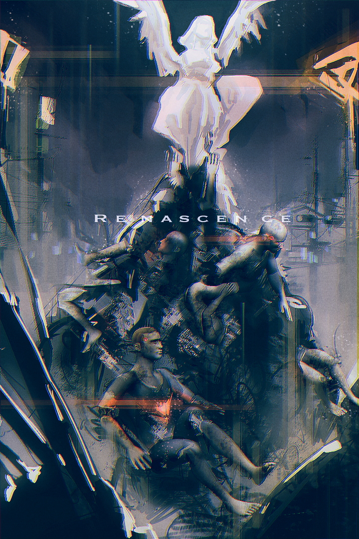 1boy, angel_statue, barefoot, dark_skin, dark_skinned_male, detroit:_become_human, glowing, junkyard, lamppost, male_focus, markus_(detroit), mechanical_arm, mechanical_parts, parts_exposed, pt., statue, torn_clothes