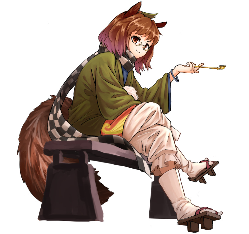 1girl, :3, animal_ears, bench, brown_eyes, brown_hair, full_body, futatsuiwa_mamizou