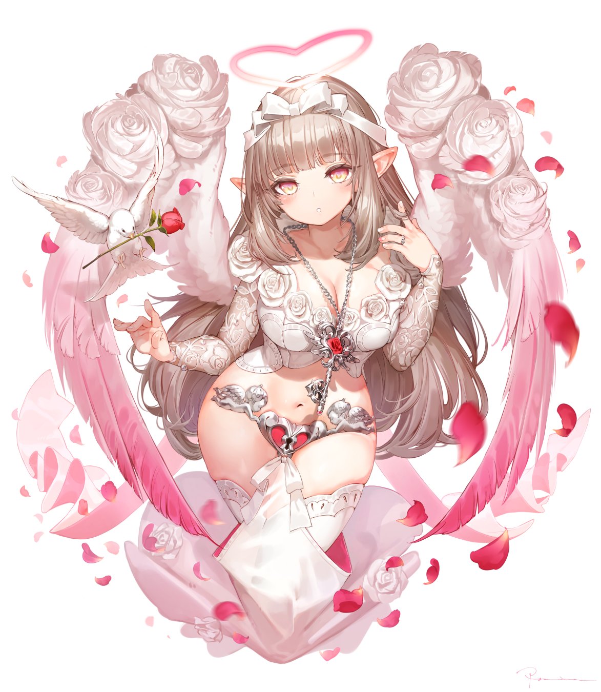 1girl, :o, angel, angel_wings, bangs, bird, blunt_bangs, blush