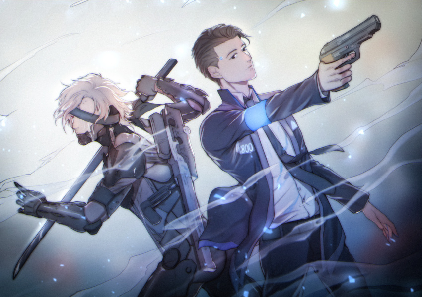 2boys, android, armband, bai_rui, bandanna, black_hair, connor_(detroit), crossover