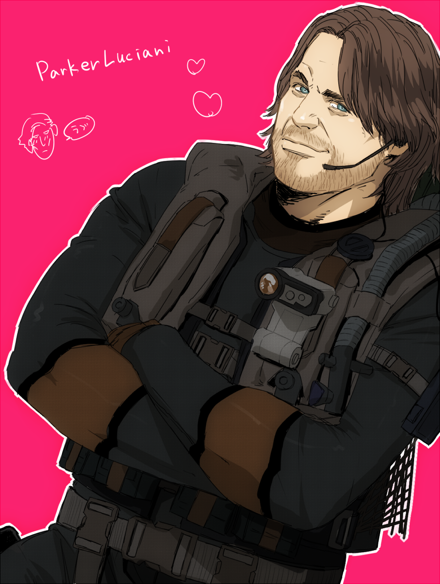 1boy, beard, blue_eyes, bodysuit, brown_hair, character_name, crossed_arms, facial_hair