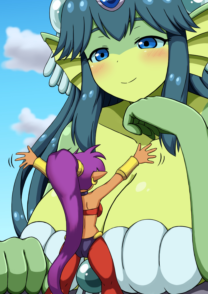 2girls, absurdly_long_hair, bare_shoulders, blue_eyes, blue_hair, blush, breasts, cleavage