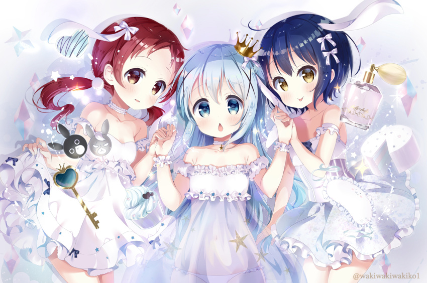 3girls, anko_(gochiusa), bangs, blue_eyes, blue_hair, blush, bow, breasts