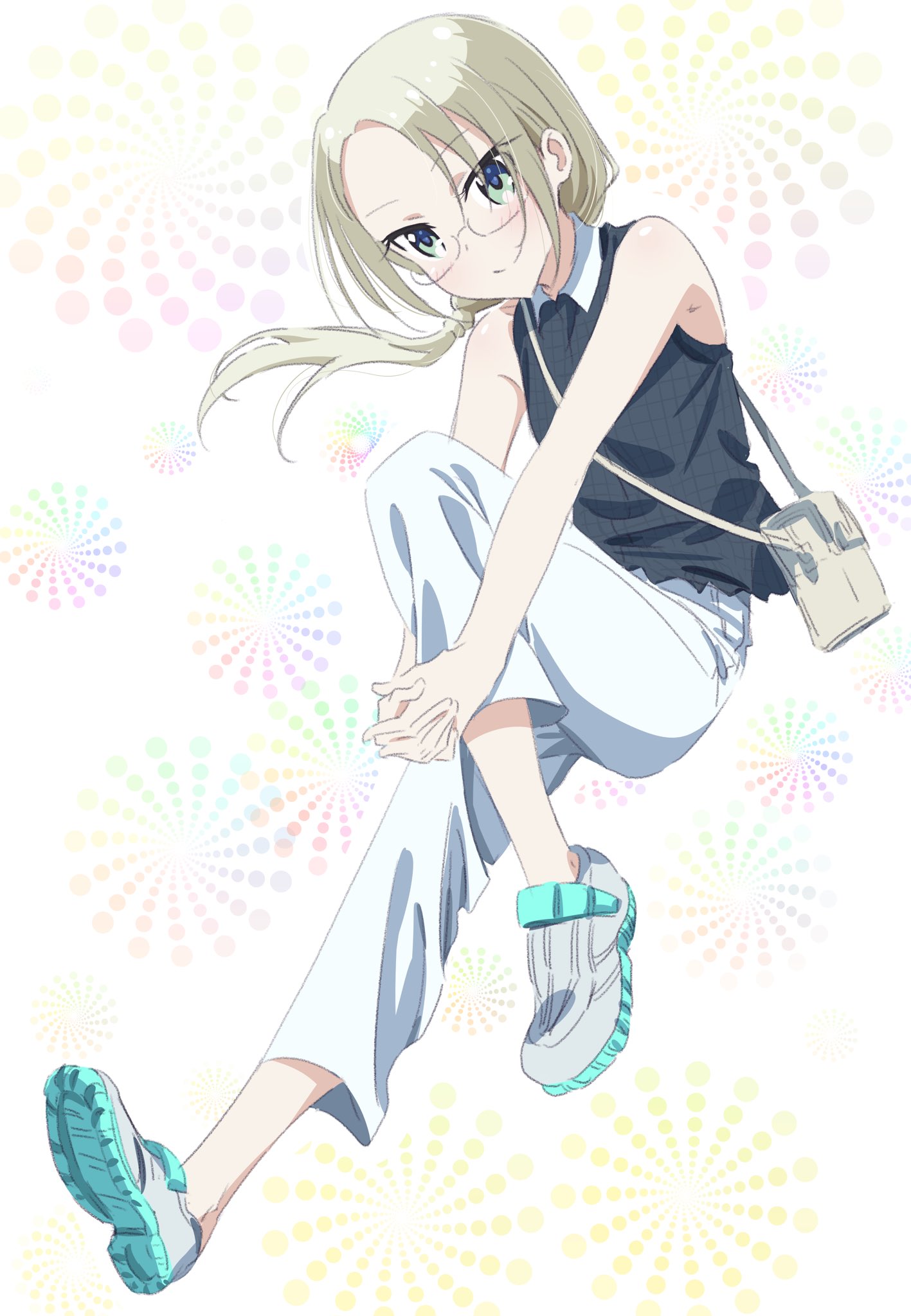 1girl, bag, black_shirt, blonde_hair, blush, eyebrows_visible_through_hair, floating_hair, full_body, glasses, green_eyes, grey_footwear, handbag, hands_together, highres, long_hair, looking_at_viewer, new_game!, pants, pink_x, ponytail, rimless_eyewear, shiny, shiny_hair, shiny_skin, shirt, shoes, sleeveless, sleeveless_shirt, smile, sneakers, solo, white_background, white_pants, yamato_christina_wako