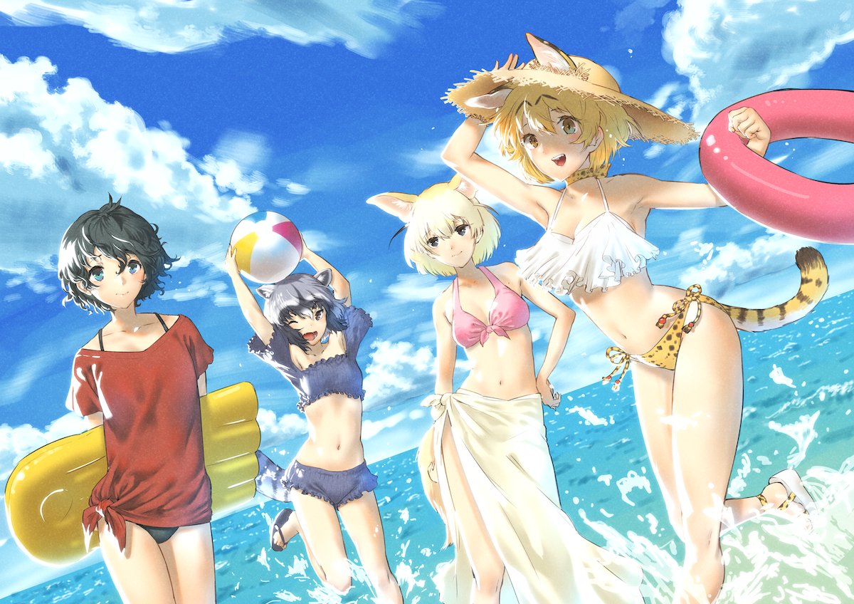4girls, :d, adapted_costume, animal_ears, arm_at_side, arm_up, armpits, arms_behind_back