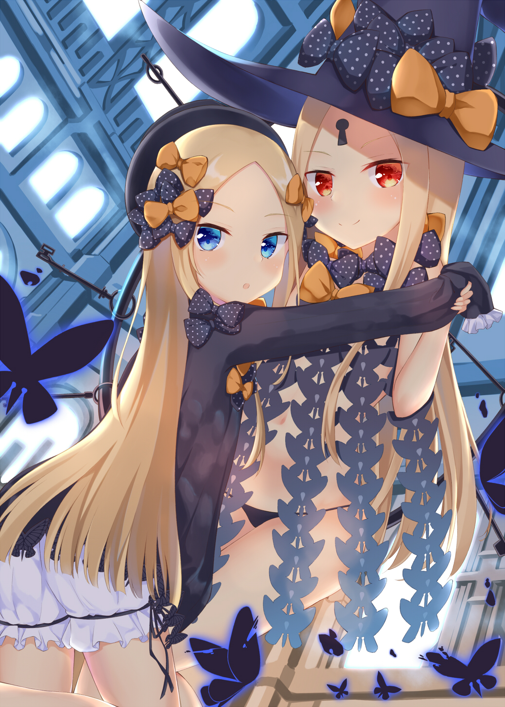 2girls, :o, abigail_williams_(fate/grand_order), aroma0501, bangs, black_bow, black_dress, black_hat