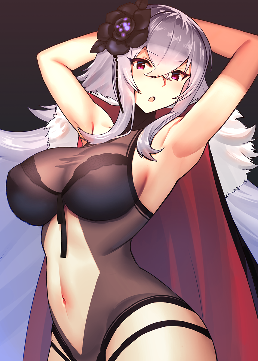 1girl, :o, arched_back, armpits, arms_behind_head, azur_lane, bare_arms, black_background