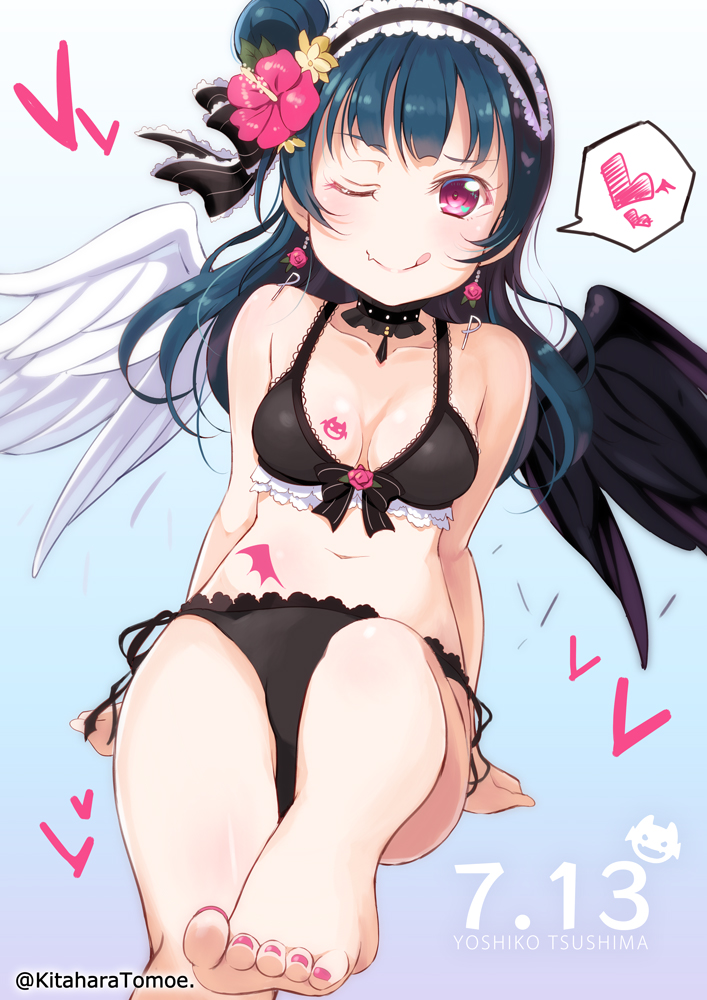 1girl, ;q, asymmetrical_wings, bangs, barefoot, bikini, black_bikini, black_choker