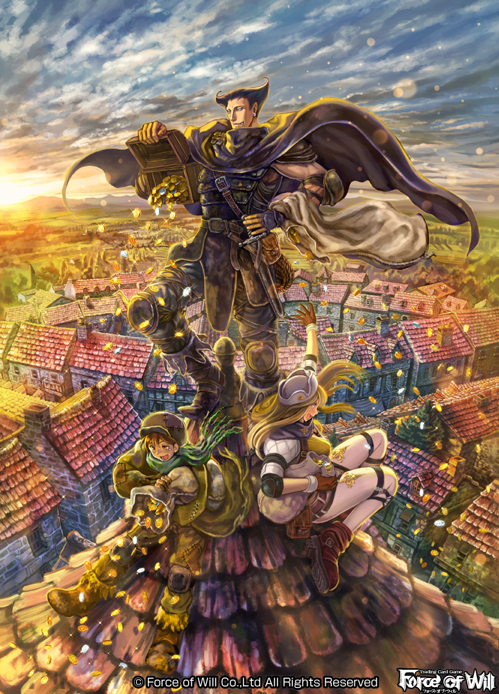 1girl, 2boys, bag, black_hair, blazer_gill_rabus_(force_of_will), blue_eyes, boots, building