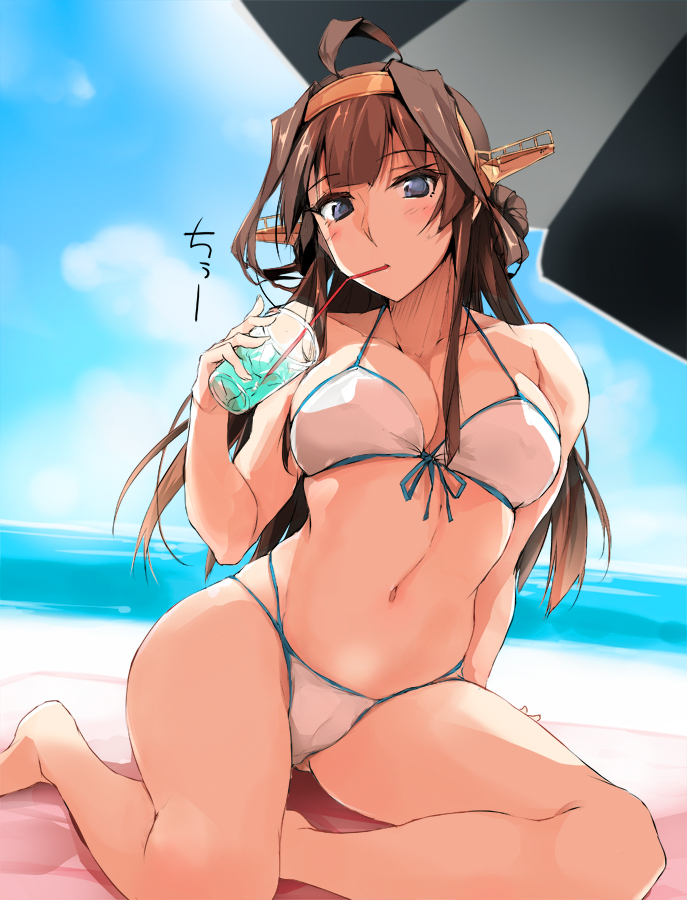 1girl, ahoge, alternate_costume, arm_support, beach, beach_towel, beach_umbrella, bikini, blue_eyes, blue_sky, breasts, brown_hair, cleavage, closed_mouth, clouds, collarbone, cup, day, disposable_cup, double_bun, drinking, drinking_straw, front-tie_bikini, front-tie_top, headgear, kantai_collection, kongou_(kantai_collection), large_breasts, long_hair, looking_at_viewer, multi-strapped_bikini, navel, ocean, outdoors, sand, shadow, sidelocks, sitting, skindentation, sky, solo, swimsuit, thighs, towel, umbrella, white_bikini, zekkyon