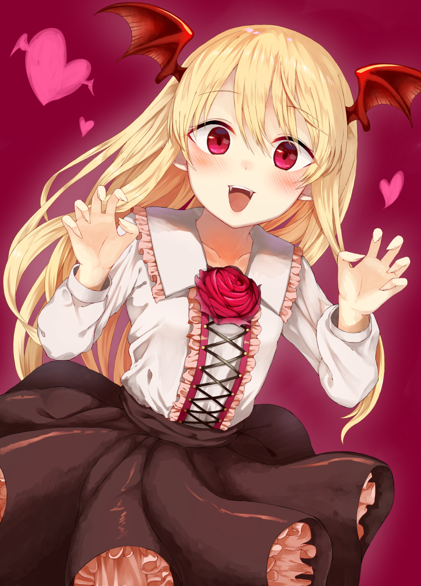 1girl, :d, absurdres, bangs, black_skirt, blonde_hair, blush, center_frills