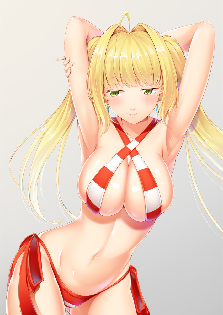 1girl, ahoge, armpits, arms_behind_head, bikini, blonde_hair, breasts, closed_mouth