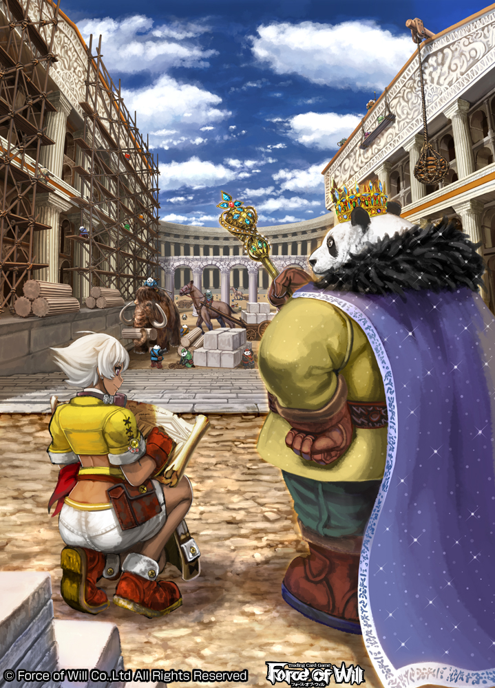 1boy, 1girl, back, boots, building, cape, clouds, copyright_name