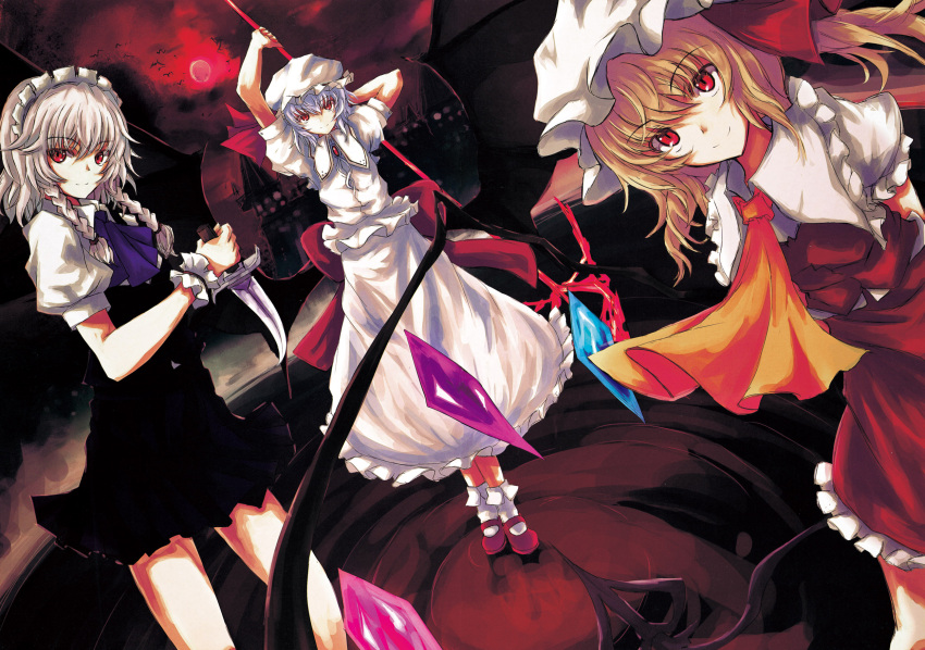 3girls, arms_behind_back, arms_up, asagi_(kabocha_oukoku), ascot, bat, bat_wings, black_dress, blonde_hair, blue_hair, blue_neckwear, bobby_socks, braid, brooch, dress, dutch_angle, eyebrows_visible_through_hair, feet_out_of_frame, flandre_scarlet, frilled_shirt_collar, frills, full_body, hair_between_eyes, hat, hat_ribbon, highres, holding, holding_knife, holding_spear, holding_weapon, izayoi_sakuya, jewelry, knife, laevatein, looking_at_viewer, maid, maid_headdress, mary_janes, mob_cap, moon, multiple_girls, petticoat, polearm, puffy_short_sleeves, puffy_sleeves, red_eyes, red_footwear, red_moon, red_ribbon, red_skirt, red_sky, red_vest, remilia_scarlet, ribbon, scan, shoes, short_dress, short_hair, short_sleeves, siblings, side_ponytail, silver_hair, sisters, skirt, sky, smile, socks, spear, spear_the_gungnir, standing, touhou, twin_braids, vest, weapon, white_dress, white_hat, white_legwear, wing_collar, wings, wrist_cuffs, yellow_neckwear