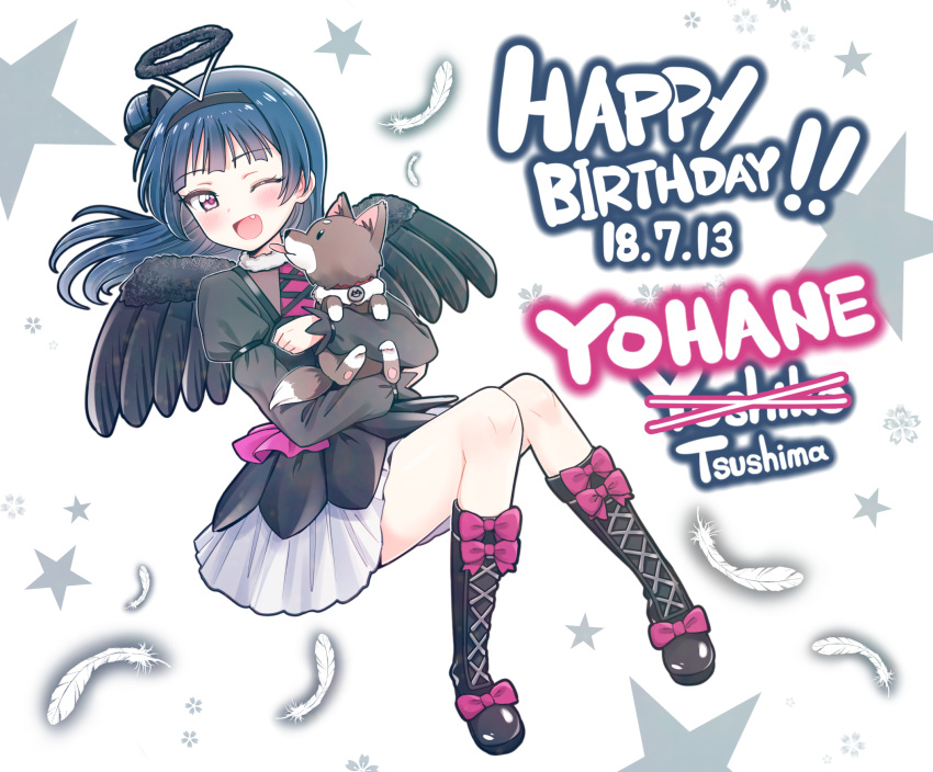 1girl, anko_(love_live!_sunshine!!), birthday, black_dress, black_footwear, black_wings, blue_hair, character_name, dated, deadnooodles, dog, dress, english, fang, hair_bun, happy_birthday, highres, holding, long_hair, long_sleeves, love_live!, love_live!_sunshine!!, one_eye_closed, pink_eyes, puppy, side_bun, star, tongue, tongue_out, tsushima_yoshiko, white_feathers, wings