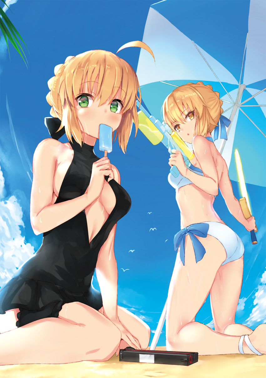 2girls, :o, ahoge, anklet, artoria_pendragon_(all), artoria_pendragon_(swimsuit_archer), artoria_pendragon_(swimsuit_archer)_(cosplay), artoria_pendragon_(swimsuit_rider_alter)
