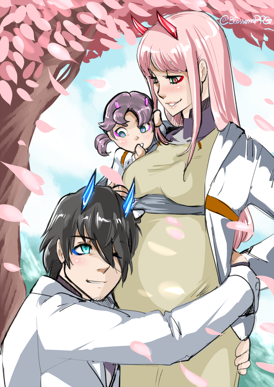 1boy, 2girls, bangs, beige_dress, black_hair, blossomppg, blue_eyes, blue_horns