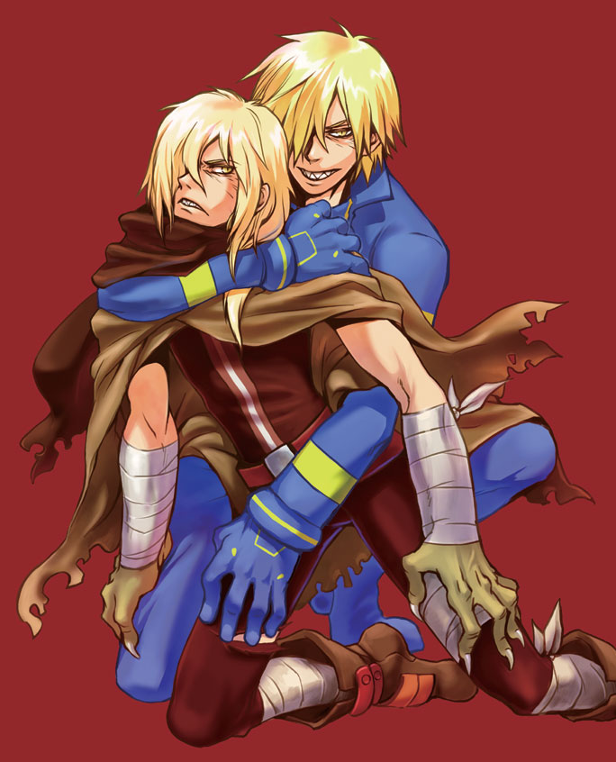 2boys, blonde_hair, boots, cape, dual_persona, looking_at_viewer, male_focus, multiple_boys