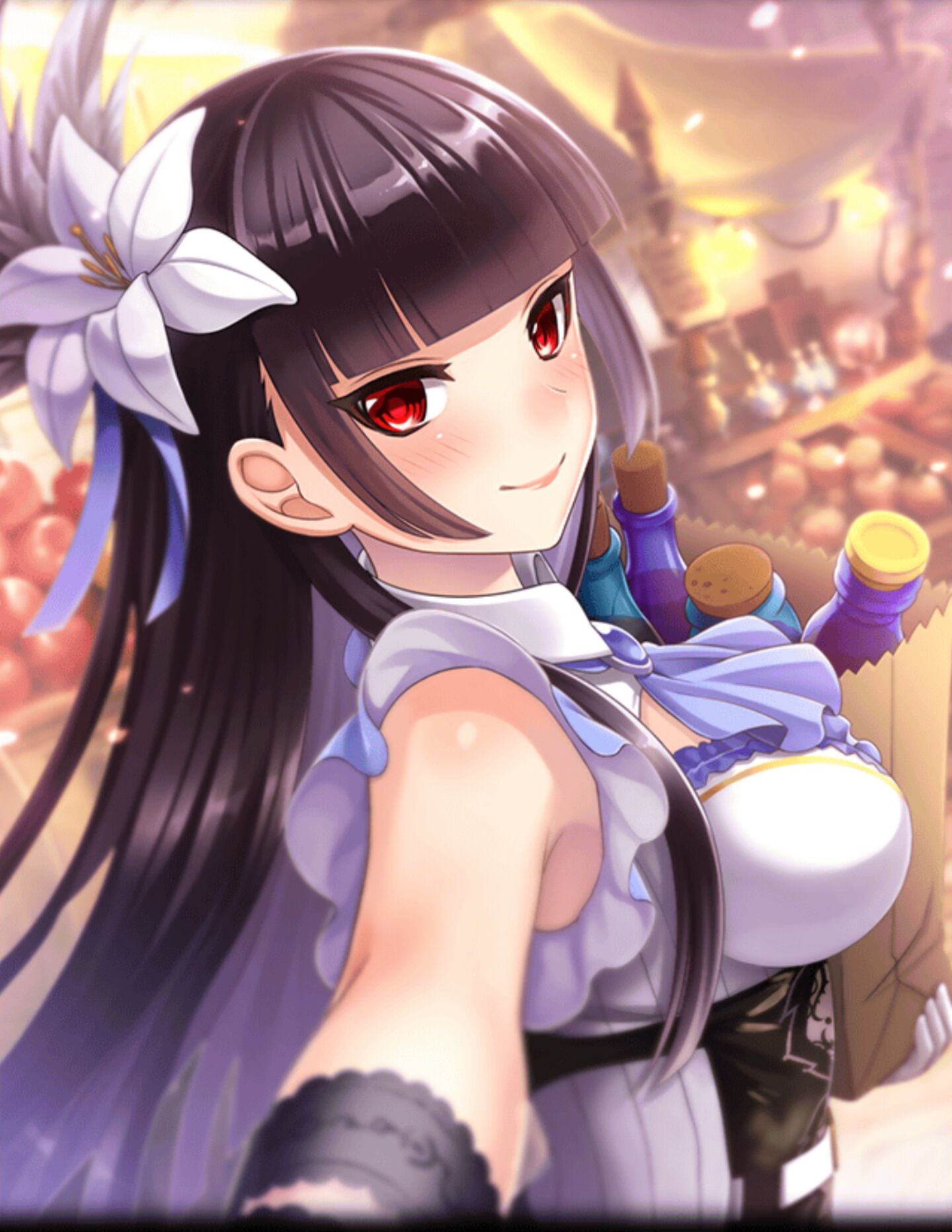 1girl, apple, artist_request, bag, black_hair, blush, bottle, dempagumi, dress, flower, food, fruit, grocery_bag, hair_flower, hair_ornament, highres, looking_at_viewer, market, official_art, orchid, phantom_of_the_kill, potion, red_eyes, risa_(dempagumi), shopping_bag, smile, stall, white_dress