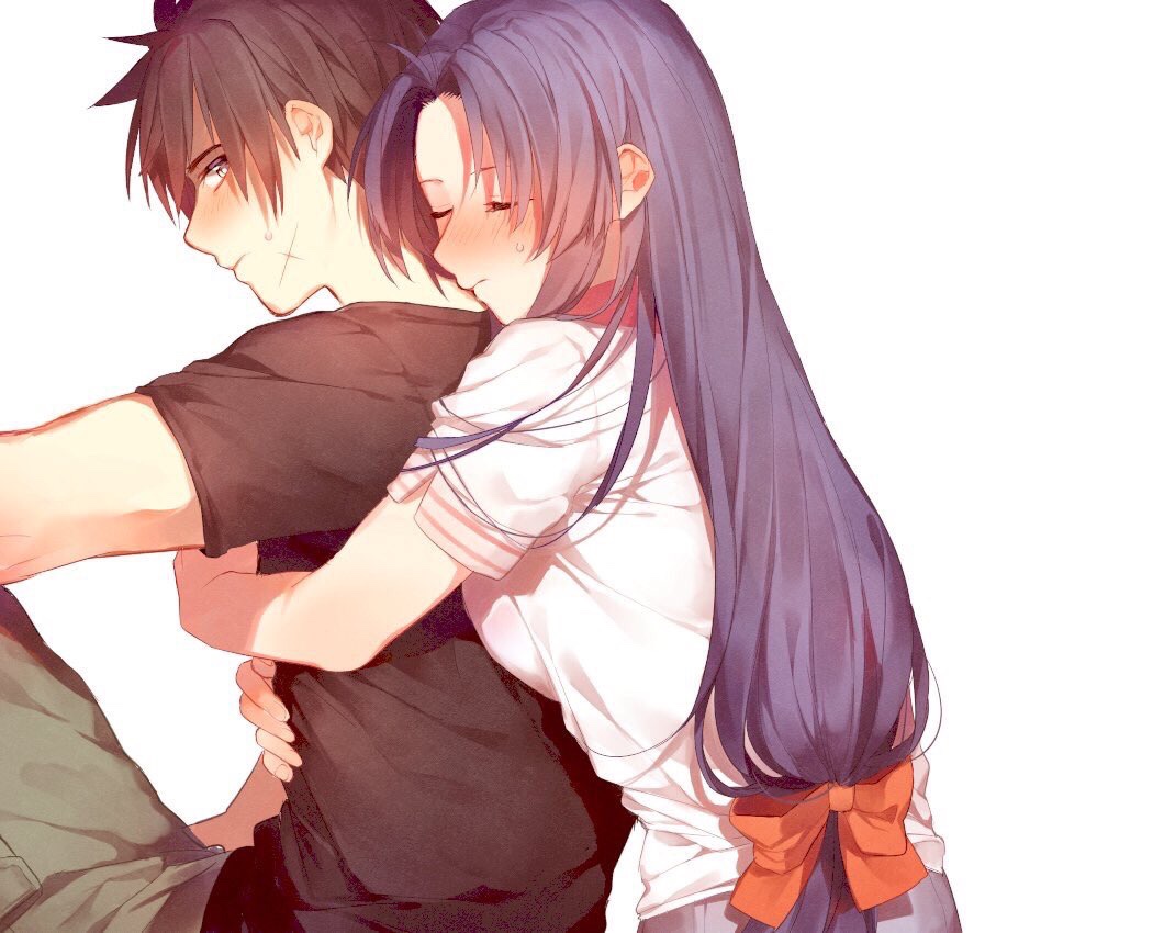 1boy, 1girl, bangs, blue_hair, blush, bow, breast_press, brown_hair, chidori_kaname, closed_eyes, couple, facial_scar, full_metal_panic!, hair_bow, hetero, hug, hug_from_behind, jugemu57107754, long_hair, looking_back, pants, parted_bangs, profile, sagara_sousuke, scar, scar_on_cheek, shirt, short_hair, short_sleeves, simple_background, sitting, spiky_hair, sweatdrop, white_background