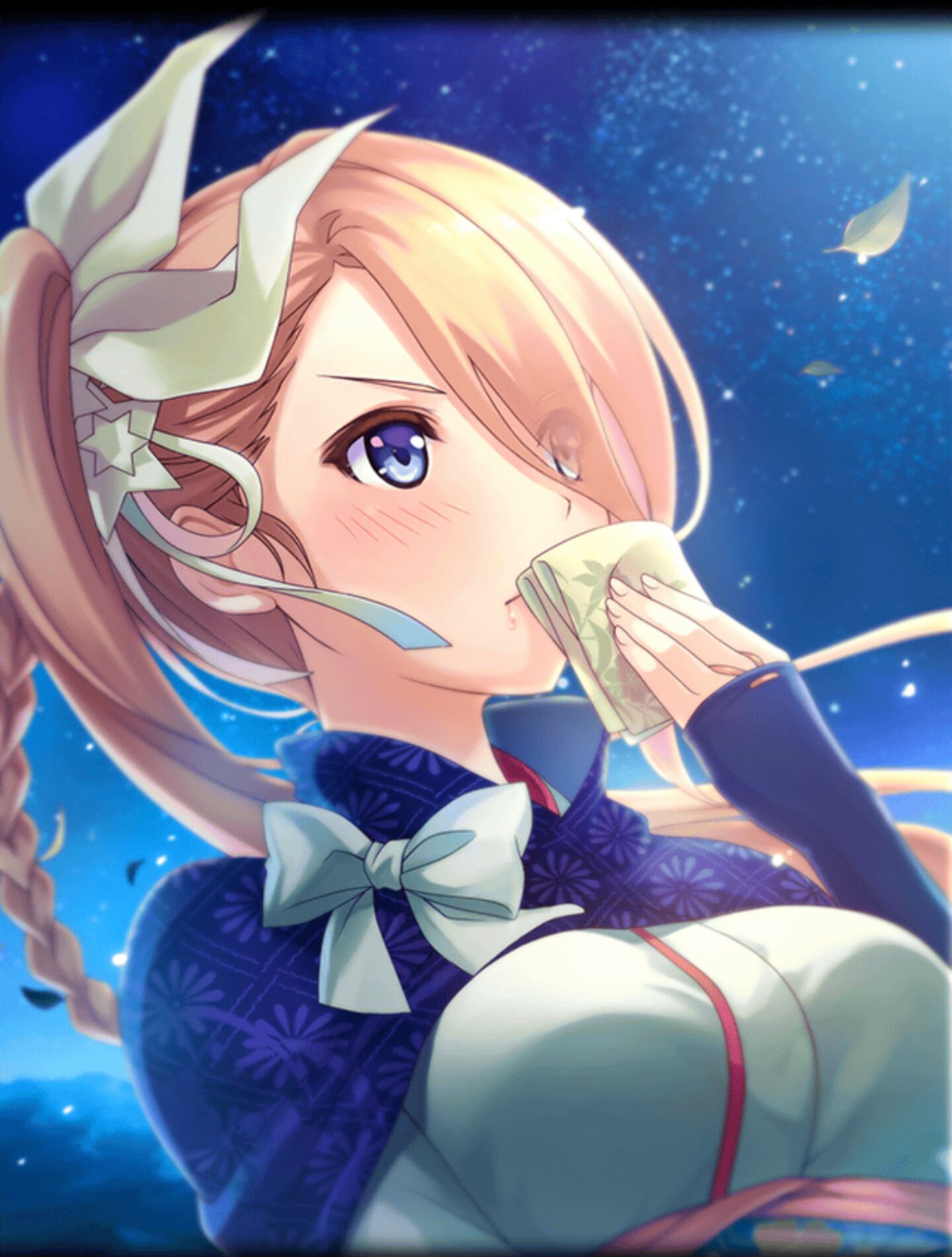 artist_request, blonde_hair, blue_capelet, blue_eyes, blush, bow, braid, breasts