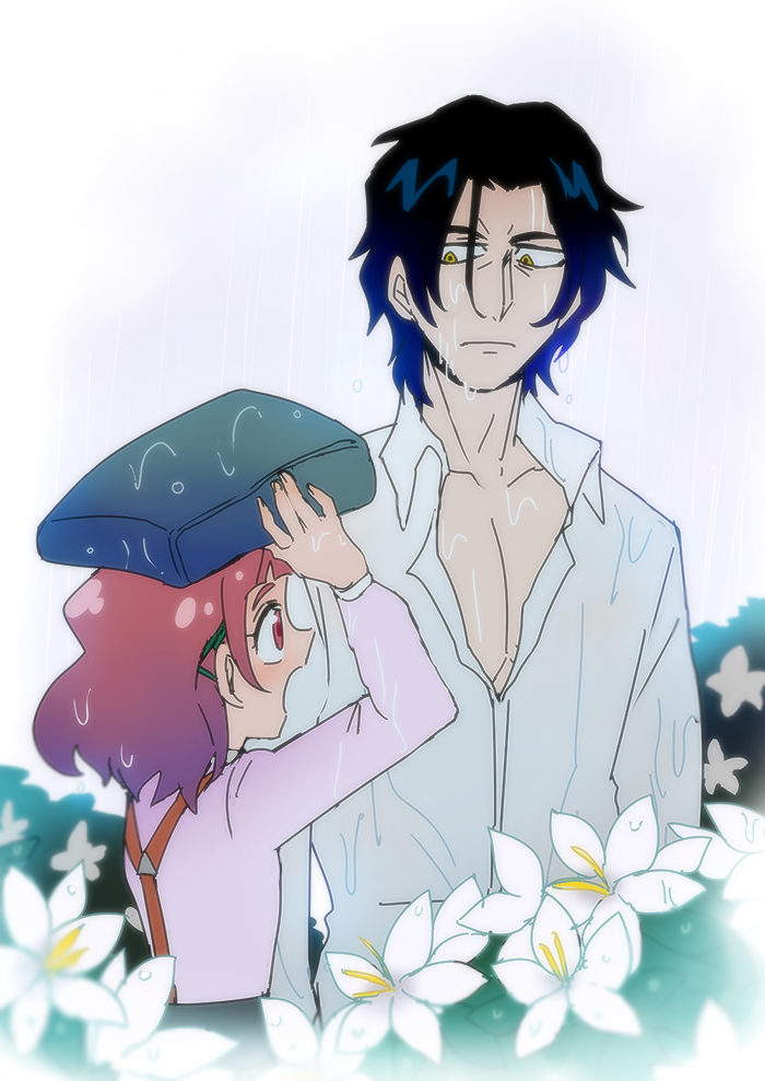 1boy, 1girl, black_hair, book, commentary_request, flower, george_kurai, hair_ornament