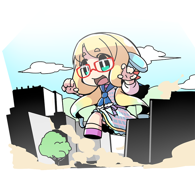 1girl, blonde_hair, bright_pupils, building, chibi, claw_pose, clouds, dress