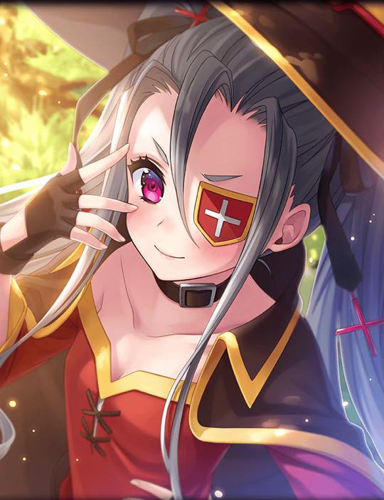 1girl, artist_request, black_cape, black_ribbon, blush, cape, cosplay, dress, eyepatch, fingerless_gloves, gloves, grimoire_(phantom_of_the_kill), hat, kono_subarashii_sekai_ni_shukufuku_wo!, long_hair, megumin, megumin_(cosplay), official_art, phantom_of_the_kill, red_dress, ribbon, silver_hair, smile, solo, violet_eyes, witch_hat