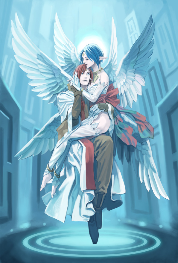 1boy, 1girl, anklet, barefoot, blue_hair, breasts, bridal_gauntlets, bridal_legwear, commentary_request, dress, elbow_gloves, feathered_wings, filia_(star_ocean), floating, forehead_jewel, gabriel_(star_ocean), gloves, graphite_(medium), jewelry, kareji, medium_breasts, pointy_ears, star_ocean, star_ocean_the_second_story, traditional_media, wings