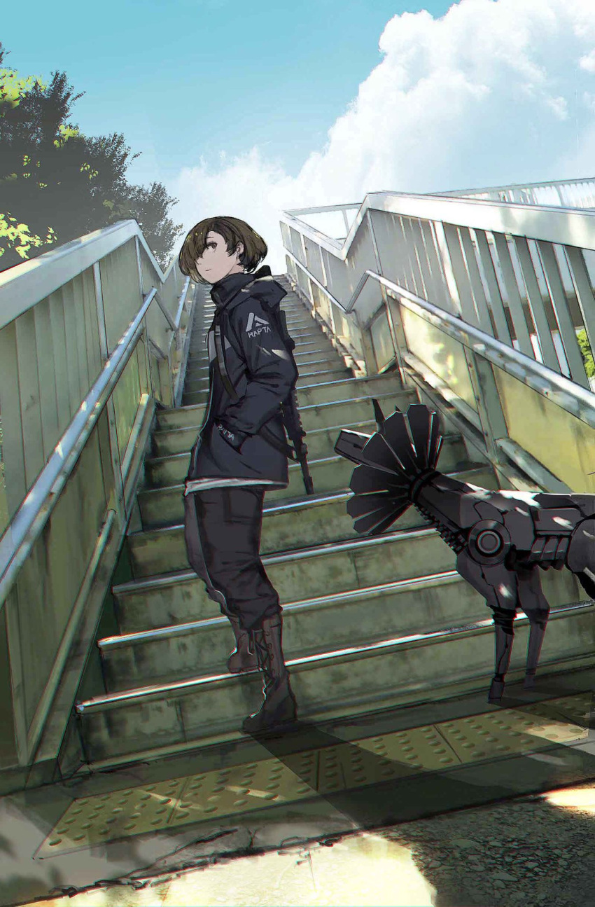 1boy, bridge, brown_hair, clouds, cloudy_sky, commentary_request, cyberpunk, dappled_sunlight