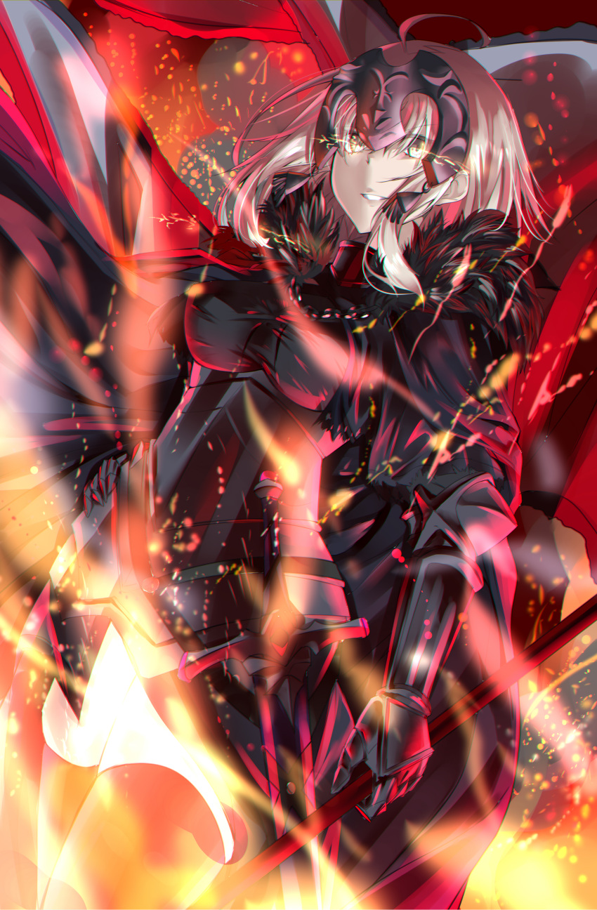 1girl, absurdres, ahoge, armor, armored_dress, black_dress, breasts, chains