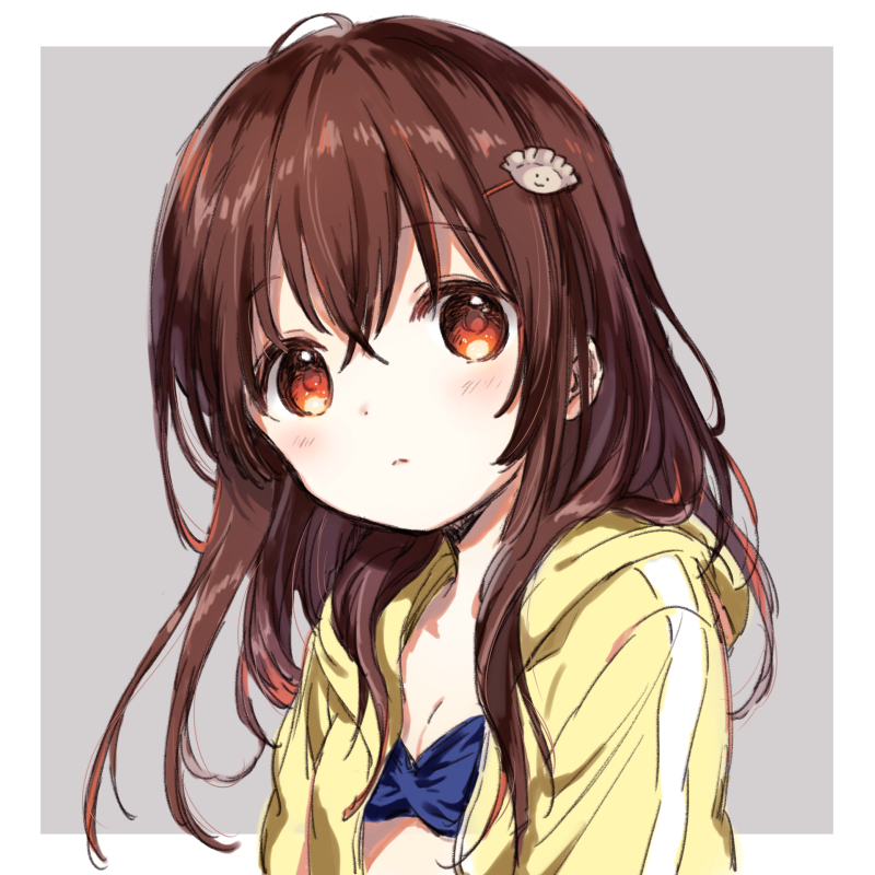 1girl, :3, ahoge, bangs, bikini, bikini_under_clothes, blue_bikini, border