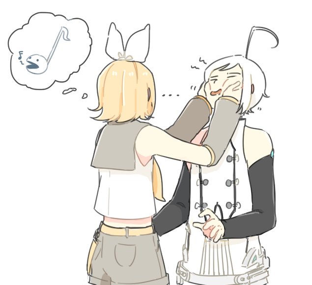 1boy, 1girl, ahoge, belt, black_shorts, blonde_hair, cheek_squash, closed_eyes