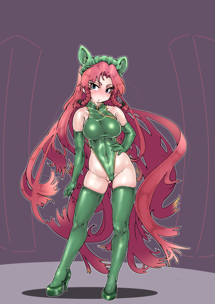 1girl, absurdly_long_hair, braid, breasts, elbow_gloves, full_body, gloves, green_eyes