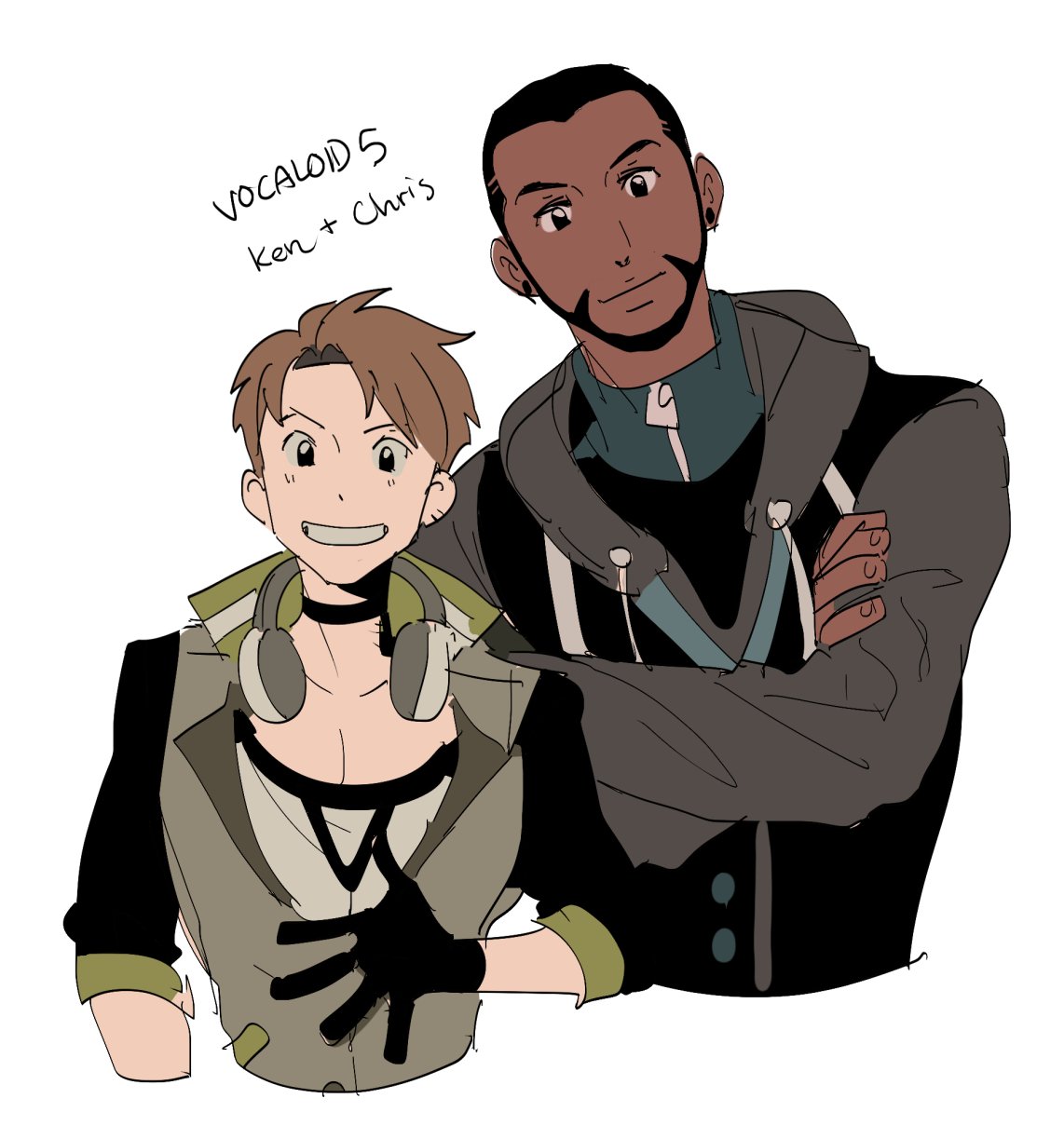 2boys, beard, black_gloves, black_hair, brown_hair, character_name, chris_(vocaloid), cropped_torso