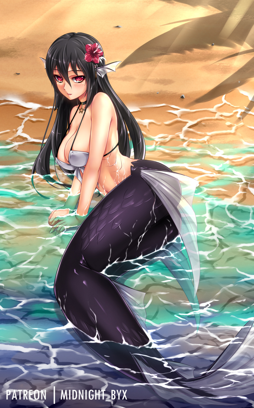 1girl, bare_shoulders, beach, black_choker, black_hair, blush, breasts, choker